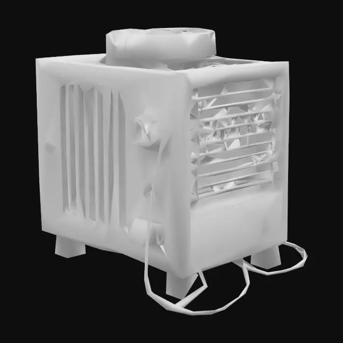 3D model for Create a detailed 3D model of a portable air conditioning unit in a gritty, realistic style reminiscent of Call of Duty Modern Warfare II. The unit should have a rectangular metal body with a cylindrical top section featuring a circular vent. The sides should include vertical and horizontal ventilation grilles with sharp, industrial-looking edges. The entire surface should show signs of wear: dusty, scratched paint, rust stains, and scuff marks. The base should have rubber feet for stability. Include attached power cords and plugs, emphasizing their weathered condition. Use muted military tones (dark gray, olive green) with subtle highlights to capture the utilitarian design. Ensure flawless geometry and perfectly aligned textures.