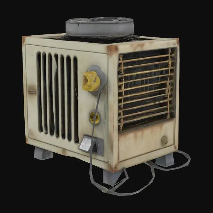 3D model for Create a detailed 3D model of a portable air conditioning unit in a gritty, realistic style reminiscent of Call of Duty Modern Warfare II. The unit should have a rectangular metal body with a cylindrical top section featuring a circular vent. The sides should include vertical and horizontal ventilation grilles with sharp, industrial-looking edges. The entire surface should show signs of wear: dusty, scratched paint, rust stains, and scuff marks. The base should have rubber feet for stability. Include attached power cords and plugs, emphasizing their weathered condition. Use muted military tones (dark gray, olive green) with subtle highlights to capture the utilitarian design. Ensure flawless geometry and perfectly aligned textures.