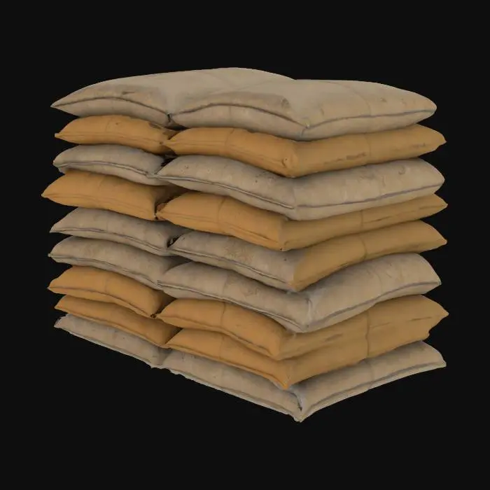 3D model for Call of Duty Modern Warfare II sandbag barricade, stacked and irregularly placed, fabric texture with visible seams and dirt, slightly torn or weathered, military-grade material, desert combat setting, dust accumulation, debris nearby, high poly, photorealistic, 4K texture, HDR lighting, realistic shadow casting, war-torn environment, cinematic realism