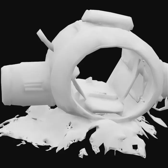 3D model for Low-poly sci-fi medpod partially buried in ice, broken glass canopy, faint glow from inside, stylized like Subnautica with damaged metal and exposed circuits.