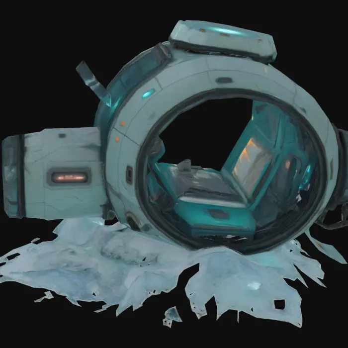 3D model for Low-poly sci-fi medpod partially buried in ice, broken glass canopy, faint glow from inside, stylized like Subnautica with damaged metal and exposed circuits.