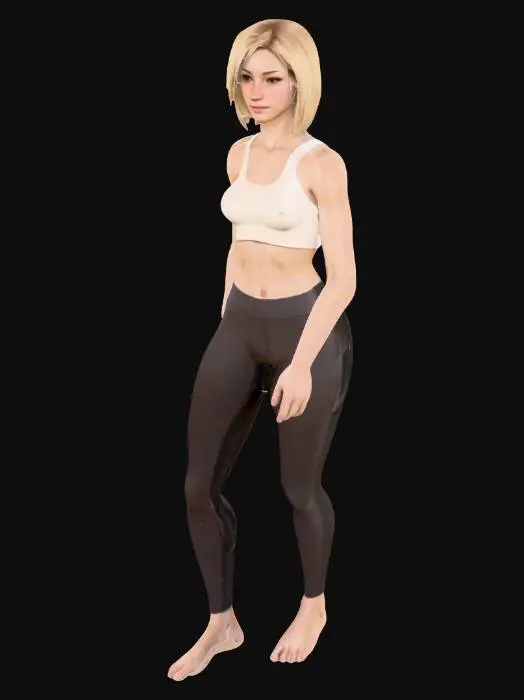 3D model for A 3D model of a slim, tall female character in her late 20s, standing in a A-pose. She has a blonde bobhair, natural skin tone, and subtle makeup. Dressed in a fitted crop top with small breasts and wearing leggings in neutral colors, with realistic human anatomy. Includes PBR textures, detailed hair, realistic skin shadows, and soft lighting. Optimized for high-quality gaming.

