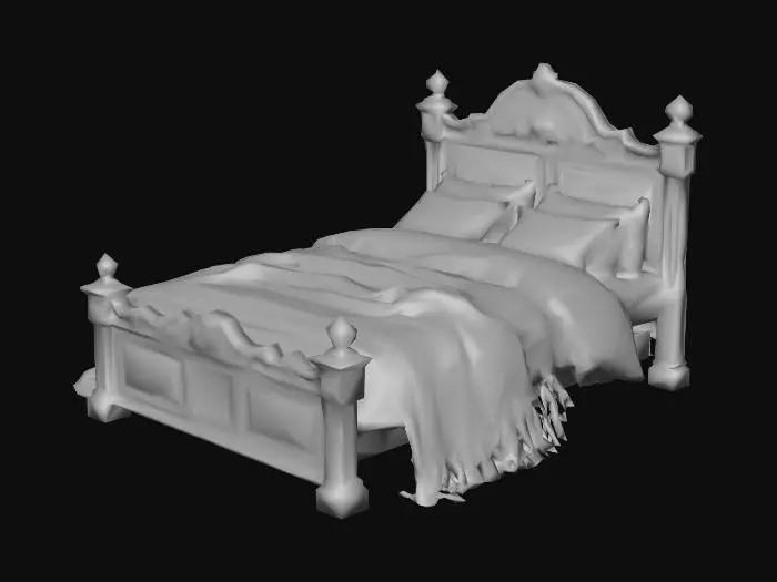 3D model for Не заправленная роскошная кровать в средневековом стиле выглядит величественно, несмотря на беспорядок. Ее массивный деревянный каркас из темного, резного дуба сохраняет гладкую, прохладную на ощупь поверхность. Толстый матрас приоткрыт, показывая скомканные льняные простыни бледно-кремового цвета, мягкие и немного мятые. Тяжелые, парчовые одеяла глубоких оттенков бордо или изумруда с золотым шитьем сдвинуты в сторону, их плюшевая текстура кажется небрежно брошенной. Несколько пухлых подушек из бархата или шелка лежат неровно, создавая ощущение только что покинутого ложа.