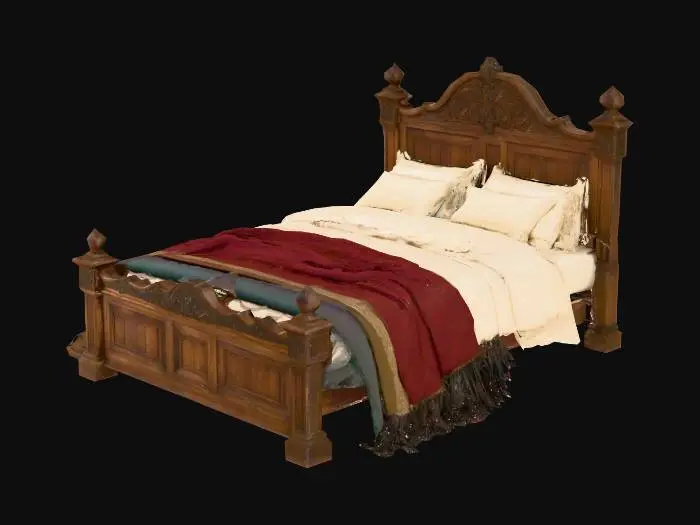 3D model for Не заправленная роскошная кровать в средневековом стиле выглядит величественно, несмотря на беспорядок. Ее массивный деревянный каркас из темного, резного дуба сохраняет гладкую, прохладную на ощупь поверхность. Толстый матрас приоткрыт, показывая скомканные льняные простыни бледно-кремового цвета, мягкие и немного мятые. Тяжелые, парчовые одеяла глубоких оттенков бордо или изумруда с золотым шитьем сдвинуты в сторону, их плюшевая текстура кажется небрежно брошенной. Несколько пухлых подушек из бархата или шелка лежат неровно, создавая ощущение только что покинутого ложа.