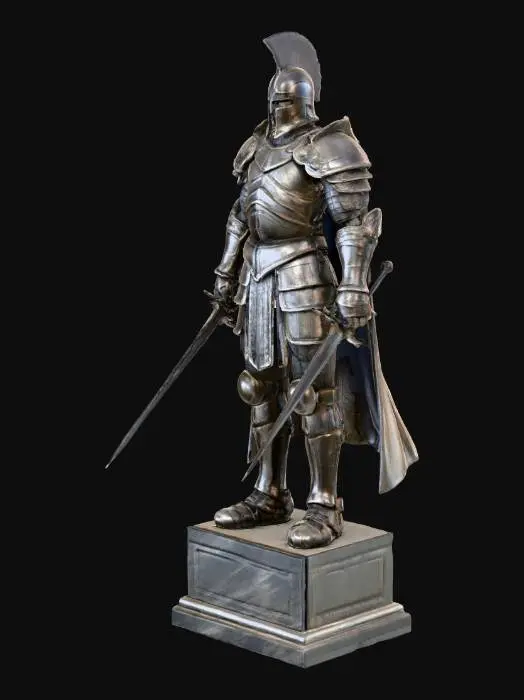 3D model for Массивная каменная статуя изображает воина в полных железных латах, высеченную из темного, зернистого камня, который ощущается прохладным и шероховатым. Поверхность лат кажется детализированной, имитируя металлические пластины, холодные и твердые на ощупь. В обеих руках статуя держит длинный меч, лезвие которого направлено строго вниз, выглядя как отполированное, но тяжелое. Статуя возвышается на большом прямоугольном каменном подиуме из такого же материала, что придает ей внушительный и неподвижный вид.