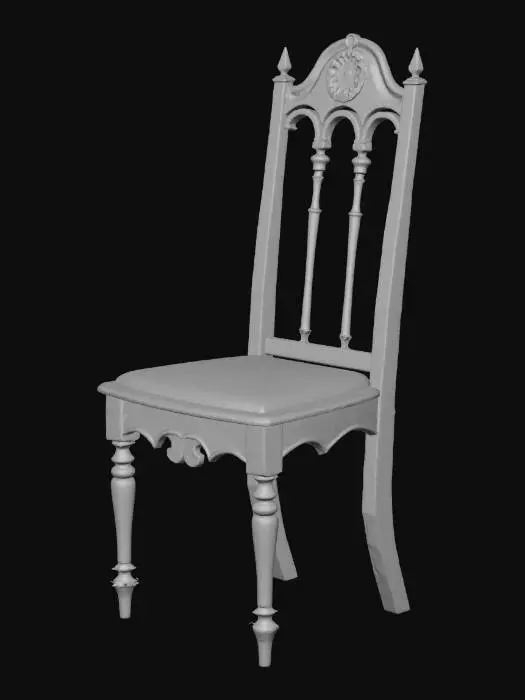 3D model for Изящный средневековый банкетный стул имеет тонкие, но прочные деревянные ножки и высокую, слегка изогнутую спинку, выполненную из светлого, полированного дерева, возможно, клена или ясеня. Его гладкая поверхность приятна на ощупь. Спинка может быть украшена тонкой резьбой или простыми вертикальными планками, создающими воздушный вид. Сиденье плоское, возможно, обита тканью, но без мягкой подушки, что подчеркивает его легкость. Отсутствие подлокотников придает ему изящную, открытую форму, излучающую невесомость.