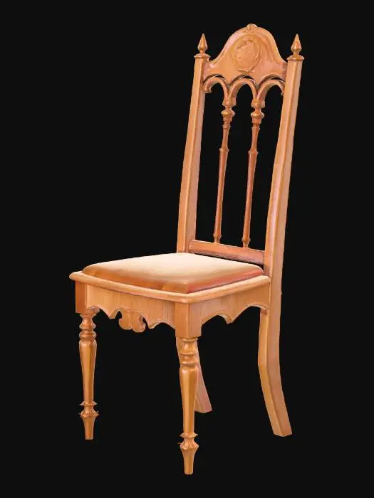 3D model for Изящный средневековый банкетный стул имеет тонкие, но прочные деревянные ножки и высокую, слегка изогнутую спинку, выполненную из светлого, полированного дерева, возможно, клена или ясеня. Его гладкая поверхность приятна на ощупь. Спинка может быть украшена тонкой резьбой или простыми вертикальными планками, создающими воздушный вид. Сиденье плоское, возможно, обита тканью, но без мягкой подушки, что подчеркивает его легкость. Отсутствие подлокотников придает ему изящную, открытую форму, излучающую невесомость.