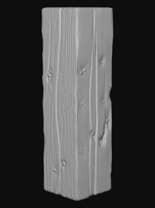 3D model for Массивная деревянная балка для подпорки потолка возвышается в центре комнаты, выполненная из темного, грубо обработанного дуба или вяза, чья поверхность демонстрирует глубокую, ярко выраженную текстуру древесных волокон. Балка имеет простую, но внушительную прямоугольную или квадратную форму, ощущается твердой и прочной на ощупь. Ее цвет варьируется от насыщенно-коричневого до почти черного. Она может быть слегка отполирована или покрыта защитным составом, но сохраняет естественный, рустикальный вид, присущий средневековым конструкциям.