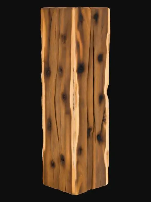 3D model for Массивная деревянная балка для подпорки потолка возвышается в центре комнаты, выполненная из темного, грубо обработанного дуба или вяза, чья поверхность демонстрирует глубокую, ярко выраженную текстуру древесных волокон. Балка имеет простую, но внушительную прямоугольную или квадратную форму, ощущается твердой и прочной на ощупь. Ее цвет варьируется от насыщенно-коричневого до почти черного. Она может быть слегка отполирована или покрыта защитным составом, но сохраняет естественный, рустикальный вид, присущий средневековым конструкциям.