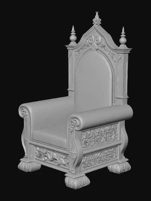 3D model for Роскошный средневековый стул имеет высокую, величественную спинку и широкое сиденье, выполненные из массивного, темного, богато отполированного дерева, возможно, мореного дуба или ореха, чья поверхность гладкая и прохладная на ощупь. Спинка и сиденье обтянуты плотным, возможно, бархатным или вышитым гобеленовым материалом глубокого винного или изумрудного цвета, создавая плюшевую и мягкую текстуру. Деревянный каркас обильно украшен сложной резьбой в готическом стиле, а подлокотники массивны, возможно, с декоративными латунными или бронзовыми шишками.