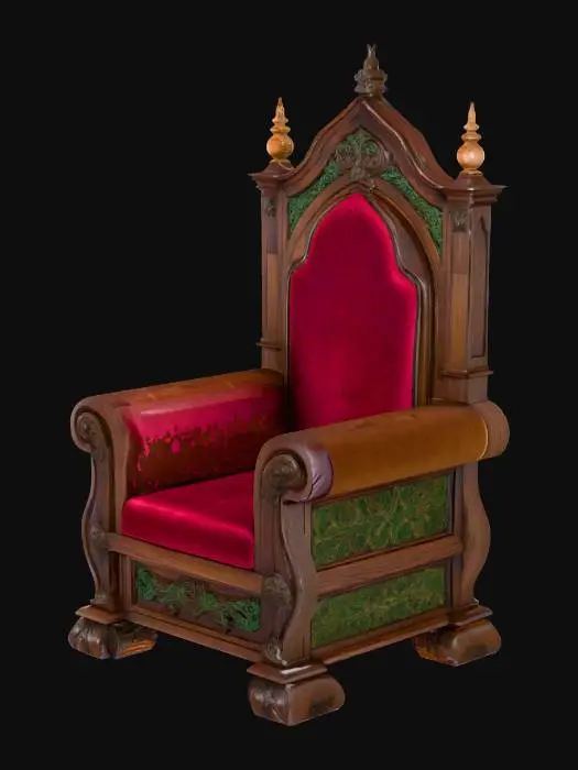 3D model for Роскошный средневековый стул имеет высокую, величественную спинку и широкое сиденье, выполненные из массивного, темного, богато отполированного дерева, возможно, мореного дуба или ореха, чья поверхность гладкая и прохладная на ощупь. Спинка и сиденье обтянуты плотным, возможно, бархатным или вышитым гобеленовым материалом глубокого винного или изумрудного цвета, создавая плюшевую и мягкую текстуру. Деревянный каркас обильно украшен сложной резьбой в готическом стиле, а подлокотники массивны, возможно, с декоративными латунными или бронзовыми шишками.