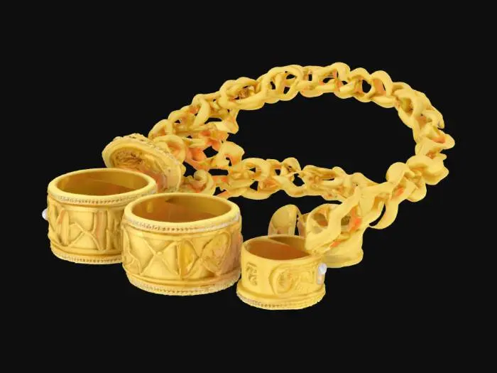 3D model for thick gold chain as well as several gold rings, boastful and arrogant, photorealistic style. 3d model light