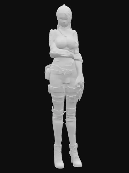 3D model for wearing a pistol in her thigh. police, pistol holder. full-body portrait, with long brown hair in a ponytail hairstyle, wearing a black tight-fitting outfit with metal bracers, against a dark background, in the style of anime.