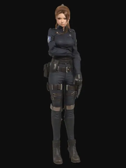 3D model for wearing a pistol in her thigh. police, pistol holder. full-body portrait, with long brown hair in a ponytail hairstyle, wearing a black tight-fitting outfit with metal bracers, against a dark background, in the style of anime.