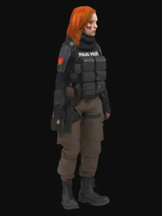 3D model for full body image, female, concept art, dystopian post apocalyptic scenario, female, 30's, strawberry blonde hair, her outfit is an old riot police outfit, ex-police, black police colouring some highlights, heavy armour, neutral backgoround
