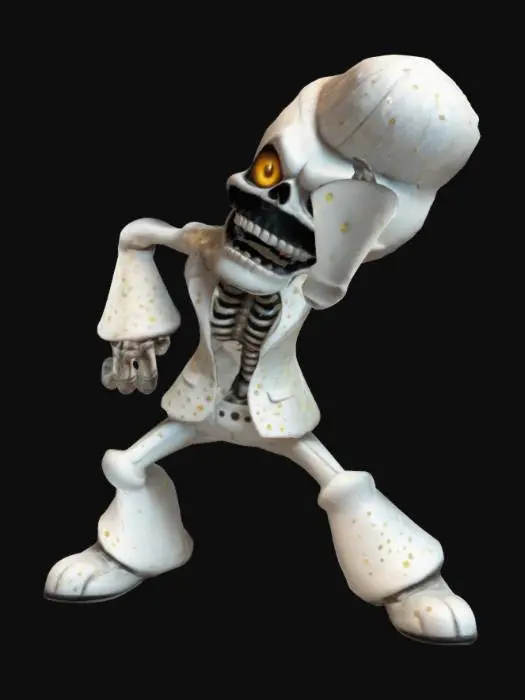 3D model for A 3D cartoonish skeleton monster with a pompadour hairstyle, wearing a glittering white suit, inspired by Cuphead. His bones rattle to the beat of an invisible rock-and-roll rhythm as he performs an eerie dance. His eyes flicker like neon lights, and his bony fingers strum an invisible guitar. His movements are smooth yet unnatural, as if he’s being controlled like a puppet. The stage lights flicker, casting long shadows as he strikes a classic Elvis pose, but with a sinister, ghostly grin.