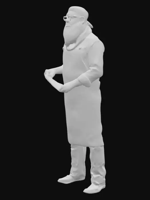 3D model for una estatuilla de un cocinero con barba blanca, sin bigote y con lente transparente,lleva una bandana azul en la cabeza y un mandil negro con peto en el cuerpo. en la mano derecha sujeta un cuchillo de chef., y en la izquierda una espumadera  