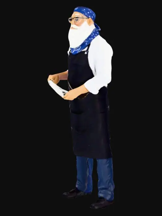 3D model for una estatuilla de un cocinero con barba blanca, sin bigote y con lente transparente,lleva una bandana azul en la cabeza y un mandil negro con peto en el cuerpo. en la mano derecha sujeta un cuchillo de chef., y en la izquierda una espumadera  