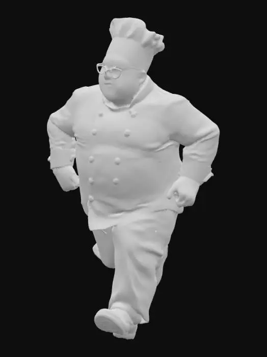 3D model for Un chef masculino de complexión gruesa y calva, corriendo con una expresión de sorpresa y esfuerzo. Lleva un gorro de cocina alto y blanco, clásico, de tela almidonada con una textura ligeramente rugosa. Sus gafas redondas descansan sobre su nariz, y su rostro muestra rasgos redondeados. Viste una chaqueta de chef blanca de doble botonadura, hecha de tela de algodón con pliegues que indican movimiento, y pantalones oscuros. Su cuerpo voluminoso se inclina hacia adelante mientras avanza.