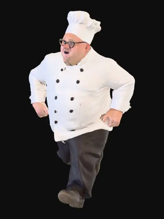 3D model for Un chef masculino de complexión gruesa y calva, corriendo con una expresión de sorpresa y esfuerzo. Lleva un gorro de cocina alto y blanco, clásico, de tela almidonada con una textura ligeramente rugosa. Sus gafas redondas descansan sobre su nariz, y su rostro muestra rasgos redondeados. Viste una chaqueta de chef blanca de doble botonadura, hecha de tela de algodón con pliegues que indican movimiento, y pantalones oscuros. Su cuerpo voluminoso se inclina hacia adelante mientras avanza.