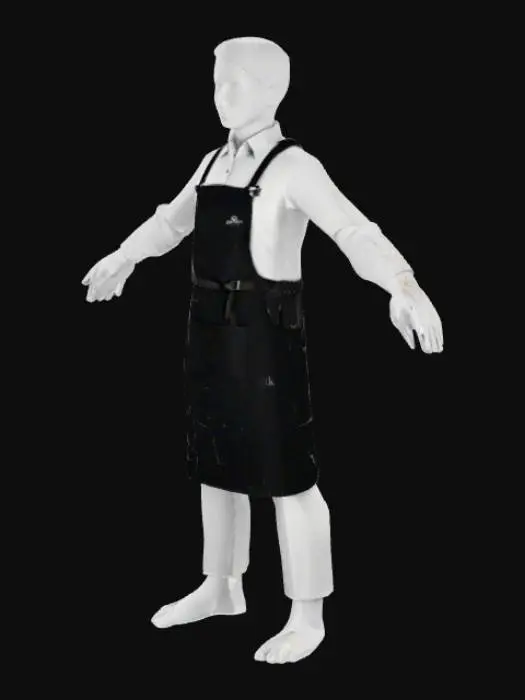 3D model for Un delantal negro liso, fabricado con un material textil duradero, de textura ligeramente mate y flexible. Cubre el torso y las piernas, con correas ajustables que se extienden sobre los hombros. En su superficie, luce un logotipo "Silken", que presenta una textura sedosa y un brillo sutil, en contraste con el acabado del delantal. El logotipo tiene bordes definidos y podría ser de un color que resalte contra el negro del tejido.