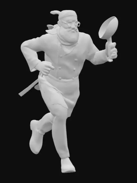 3D model for Un chef masculino de complexión mediana, corriendo con una postura dinámica. Lleva una bandana de tela azul oscuro atada a la cabeza, gafas redondas de montura fina y una barba blanca y tupida que enmarca su rostro, sin bigote. Viste una chaqueta de chef blanca de textura suave y un delantal oscuro. Su brazo derecho está levantado, sosteniendo una sartén de metal plateado con mango negro, de superficie brillante y dura, en una posición que sugiere que está a punto de lanzarla.