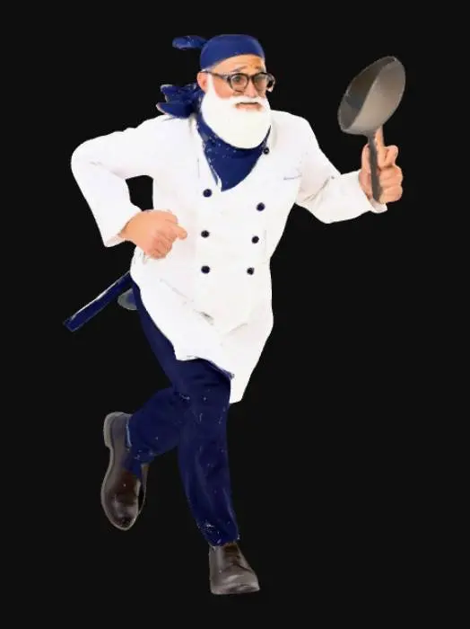 3D model for Un chef masculino de complexión mediana, corriendo con una postura dinámica. Lleva una bandana de tela azul oscuro atada a la cabeza, gafas redondas de montura fina y una barba blanca y tupida que enmarca su rostro, sin bigote. Viste una chaqueta de chef blanca de textura suave y un delantal oscuro. Su brazo derecho está levantado, sosteniendo una sartén de metal plateado con mango negro, de superficie brillante y dura, en una posición que sugiere que está a punto de lanzarla.