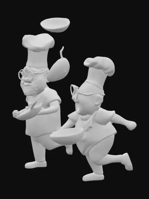 3D model for un cocinero con barba blanca y lentes corriendo y lanzandole sartenes a otro cocinero gordo, calvo y con lentes que corre delante de él
