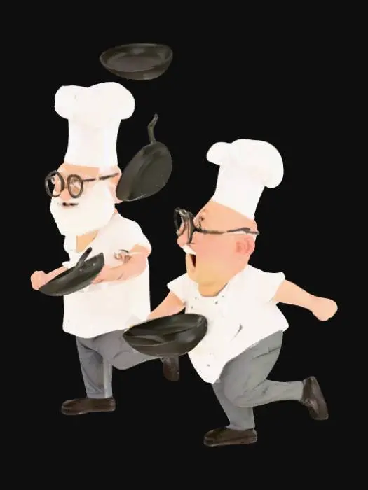 3D model for un cocinero con barba blanca y lentes corriendo y lanzandole sartenes a otro cocinero gordo, calvo y con lentes que corre delante de él