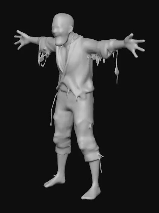 3D model for fantasy miniature; zombie, heavily decomposed, ribs showing, dressed in rags