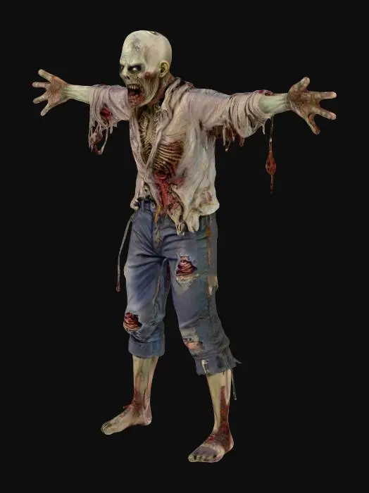 3D model for fantasy miniature; zombie, heavily decomposed, ribs showing, dressed in rags