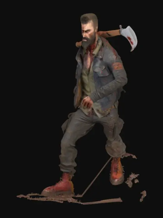 3D model for A highly detailed 3D model of a rugged male survivor in a post-apocalyptic zombie world. He has a muscular build, unkempt beard, and scars on his face, wearing a tattered leather jacket with bullet holes, a torn shirt, and rugged cargo pants. His boots are covered in dirt, and he carries a blood-stained machete on his back. His face shows exhaustion yet determination, with deep brown eyes and a focused expression. The model should be fully rigged, game-ready
