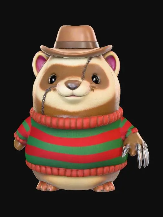 3D model for A cute toy-style ferret figurine dressed as a horror movie dream demon, inspired by Freddy Krueger. The ferret has a mischievous grin, wearing a tiny brown fedora and a red-and-green striped sweater made of soft plush fabric. One paw has a toy-style glove with shiny, slightly worn metal claws that look playful rather than threatening. The body is round and chubby, with stitched seams and a smooth, vinyl-like texture. Background is a warm neutral gradient, studio lighting, high detail, adorable proportions, collectible figurine aesthetic.