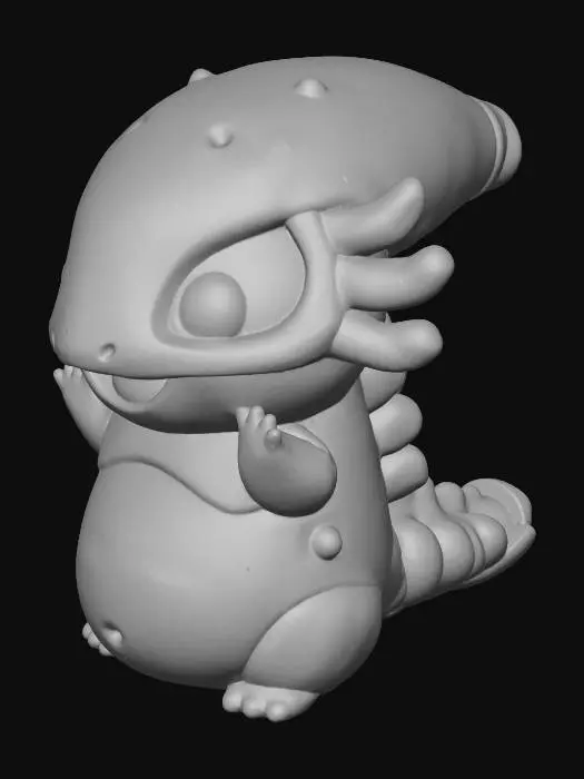 3D model for A cute toy-style axolotl figurine dressed as a sci-fi alien creature inspired by the Xenomorph, in the same collectible designer toy style as a soft vinyl figure. The axolotl has a smooth, glossy black body with a chubby belly, stubby tail, and rounded frills on the sides of its head. It wears a stylized alien costume with a big, shiny dome-like helmet that mimics the Xenomorph head shape, but with oversized expressive eyes and a cheerful smile. Tiny ridges and a segmented tail hint at the alien armor, but all details are softened and rounded. The overall pose is friendly and playful, warm neutral background, professional studio lighting, cute proportions, high detail.