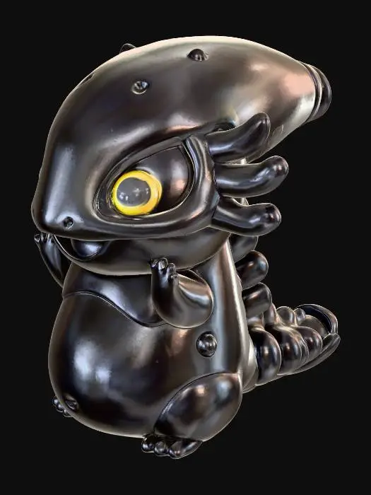 3D model for A cute toy-style axolotl figurine dressed as a sci-fi alien creature inspired by the Xenomorph, in the same collectible designer toy style as a soft vinyl figure. The axolotl has a smooth, glossy black body with a chubby belly, stubby tail, and rounded frills on the sides of its head. It wears a stylized alien costume with a big, shiny dome-like helmet that mimics the Xenomorph head shape, but with oversized expressive eyes and a cheerful smile. Tiny ridges and a segmented tail hint at the alien armor, but all details are softened and rounded. The overall pose is friendly and playful, warm neutral background, professional studio lighting, cute proportions, high detail.