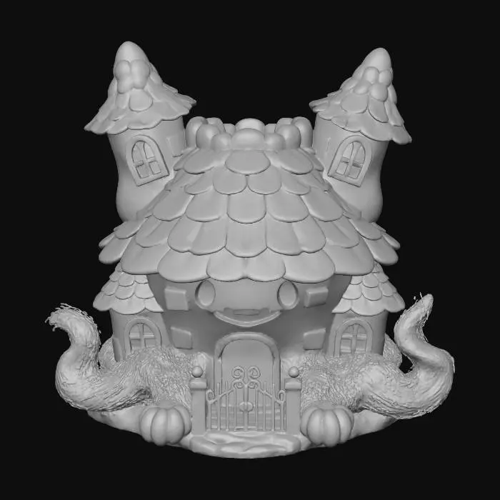 3D model for A cute toy-style haunted house diorama, designed to match collectible animal figurines. The house is small and chubby in proportion, with softly exaggerated shapes and a hand-crafted vinyl texture. It has crooked towers, glowing yellow windows, and a friendly spooky face shape in the façade. The roof shingles are uneven but rounded, with a soft plastic sheen. A tiny front gate, a pumpkin or two, and wispy toy-like fog at the base. Warm studio lighting, neutral backdrop, cozy spooky atmosphere, high detail but soft edges — perfect as a background set piece for cute horror figurines.