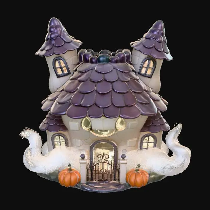 3D model for A cute toy-style haunted house diorama, designed to match collectible animal figurines. The house is small and chubby in proportion, with softly exaggerated shapes and a hand-crafted vinyl texture. It has crooked towers, glowing yellow windows, and a friendly spooky face shape in the façade. The roof shingles are uneven but rounded, with a soft plastic sheen. A tiny front gate, a pumpkin or two, and wispy toy-like fog at the base. Warm studio lighting, neutral backdrop, cozy spooky atmosphere, high detail but soft edges — perfect as a background set piece for cute horror figurines.