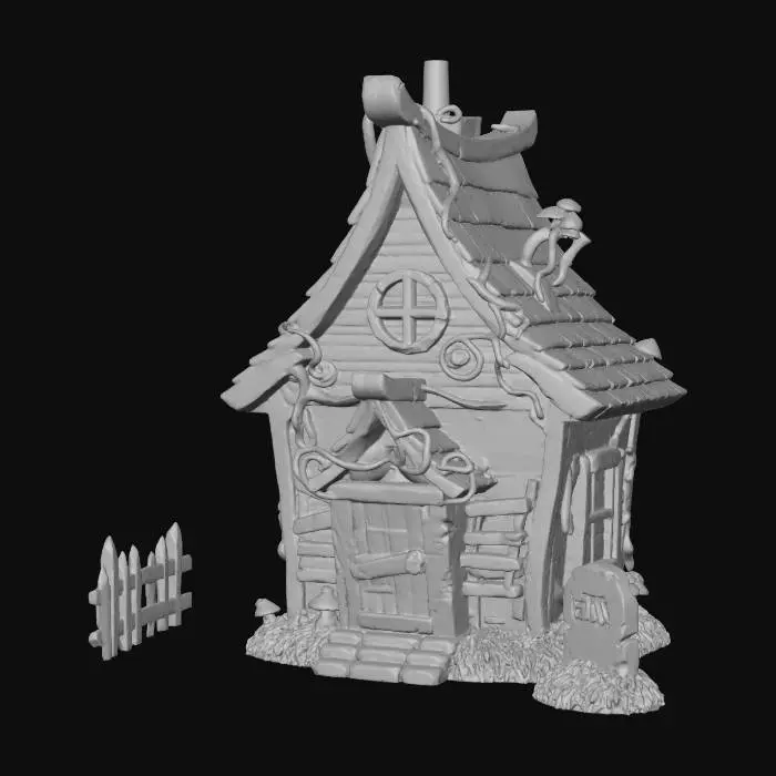 3D model for A miniature haunted cottage styled like a collectible toy playset, made to accompany cute monster figurines. The building is slightly tilted with a cracked chimney, boarded windows, and glowing warm light inside that feels inviting rather than scary. Overgrown with tiny molded vines and mushrooms, the textures look like hand-painted resin or soft vinyl. A crooked fence and small gravestone prop sit nearby. Neutral background, soft focus, warm light, and a cozy, cartoonishly spooky vibe — perfectly scaled to sit behind toy-sized characters.