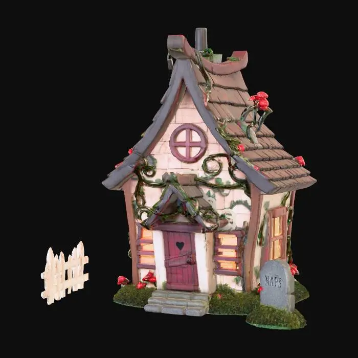 3D model for A miniature haunted cottage styled like a collectible toy playset, made to accompany cute monster figurines. The building is slightly tilted with a cracked chimney, boarded windows, and glowing warm light inside that feels inviting rather than scary. Overgrown with tiny molded vines and mushrooms, the textures look like hand-painted resin or soft vinyl. A crooked fence and small gravestone prop sit nearby. Neutral background, soft focus, warm light, and a cozy, cartoonishly spooky vibe — perfectly scaled to sit behind toy-sized characters.