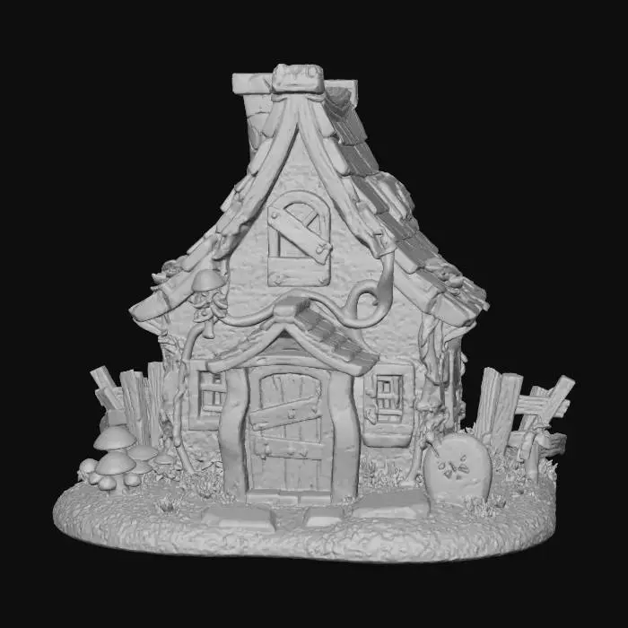 3D model for A miniature haunted cottage styled like a collectible toy playset, made to accompany cute monster figurines. The building is slightly tilted with a cracked chimney, boarded windows, and glowing warm light inside that feels inviting rather than scary. Overgrown with tiny molded vines and mushrooms, the textures look like hand-painted resin or soft vinyl. A crooked fence and small gravestone prop sit nearby. Neutral background, soft focus, warm light, and a cozy, cartoonishly spooky vibe — perfectly scaled to sit behind toy-sized characters.