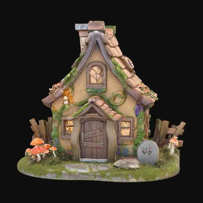3D model for A miniature haunted cottage styled like a collectible toy playset, made to accompany cute monster figurines. The building is slightly tilted with a cracked chimney, boarded windows, and glowing warm light inside that feels inviting rather than scary. Overgrown with tiny molded vines and mushrooms, the textures look like hand-painted resin or soft vinyl. A crooked fence and small gravestone prop sit nearby. Neutral background, soft focus, warm light, and a cozy, cartoonishly spooky vibe — perfectly scaled to sit behind toy-sized characters.