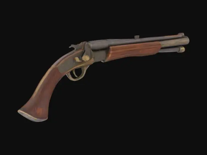 3D model for a heavy shotgun with 2 barrels, which has a crank on it, made of wood, 1800s style