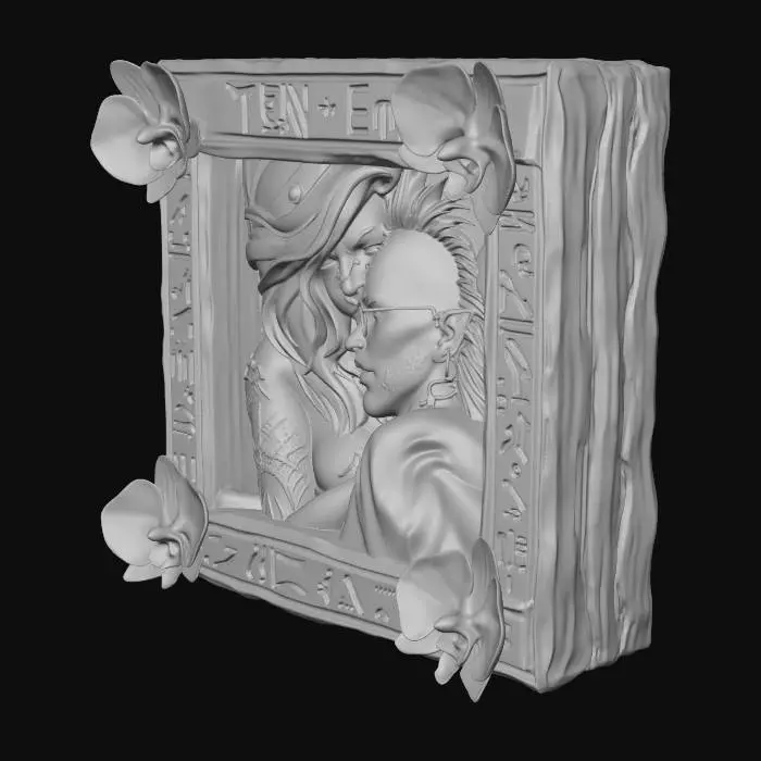 3D model for I wanna generate this in almost like a hieroglyph picture frame where it protrudes out and on the top Write TEN + Emma  and make the protrudion of thse 2 in a polycount no more than 15000 with purple and white orchids. about 3 blosoming around the picture frame.  1x1 m the male has a mohaw and the female is blonde with nose studs. and respect the virrtual popup buble. thinking of carrots.