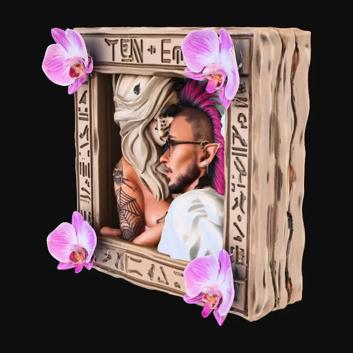 3D model for I wanna generate this in almost like a hieroglyph picture frame where it protrudes out and on the top Write TEN + Emma  and make the protrudion of thse 2 in a polycount no more than 15000 with purple and white orchids. about 3 blosoming around the picture frame.  1x1 m the male has a mohaw and the female is blonde with nose studs. and respect the virrtual popup buble. thinking of carrots.