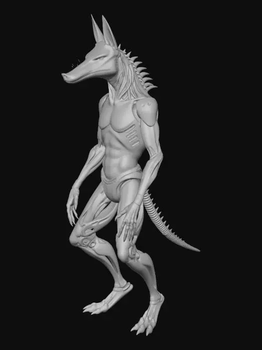 3D model for Humanoid anthropomorphic biomechanical character.
Human-like body proportions, upright bipedal stance.
Canine head with elongated muzzle and long, elongated drooping ears.
Slim but powerful humanoid torso, defined shoulders and arms, digitigrade legs.
Body constructed from synthetic muscle fibers and dark biomechanical plating.
Exposed biomechanical spine and rib structures integrated into the torso.
Mechanical joints, visible cables, pistons, and embedded glowing lines.
Smooth organic-mechanical transition, high-tech biomech aesthetic.
Neutral standing pose, symmetrical, arms relaxed at sides.
Requirement: Clearly humanoid anatomy, NOT feral, emphasize biomechanical construction and anthro proportions.