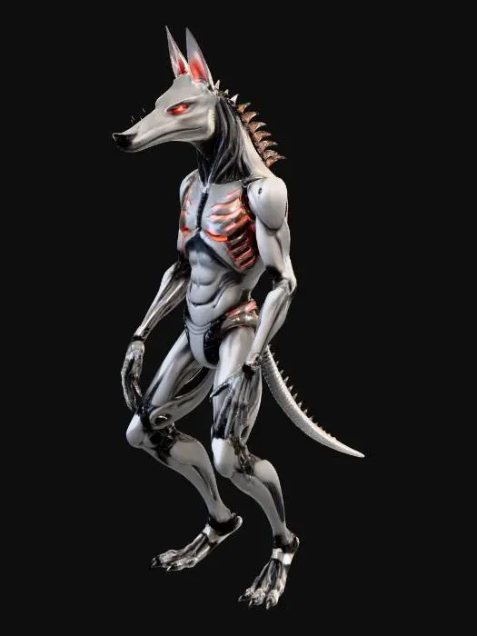3D model for Humanoid anthropomorphic biomechanical character.
Human-like body proportions, upright bipedal stance.
Canine head with elongated muzzle and long, elongated drooping ears.
Slim but powerful humanoid torso, defined shoulders and arms, digitigrade legs.
Body constructed from synthetic muscle fibers and dark biomechanical plating.
Exposed biomechanical spine and rib structures integrated into the torso.
Mechanical joints, visible cables, pistons, and embedded glowing lines.
Smooth organic-mechanical transition, high-tech biomech aesthetic.
Neutral standing pose, symmetrical, arms relaxed at sides.
Requirement: Clearly humanoid anatomy, NOT feral, emphasize biomechanical construction and anthro proportions.