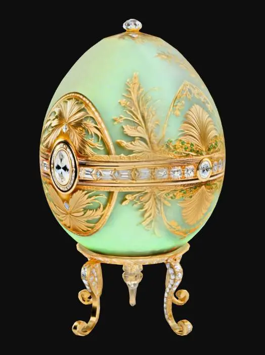 3D model for Fabergé egg, with many notches to put jewels, gold embossing all around, on a build able stand