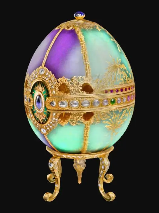 3D model for Fabergé egg, with many notches to put jewels, gold embossing all around, on a build able stand