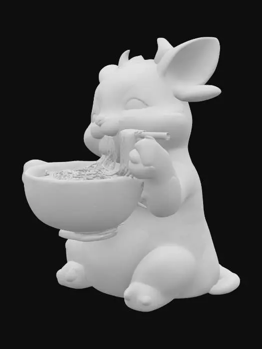 3D model for 一只奶牛猫，面前有一碗面，它的两只前爪在拉面