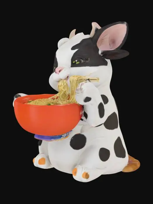 3D model for 一只奶牛猫，面前有一碗面，它的两只前爪在拉面